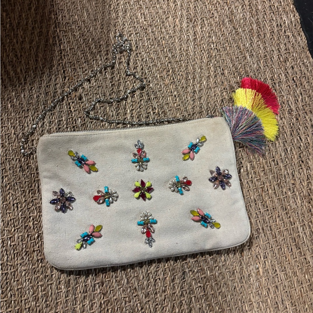 Embroidered Beige Clutch with Colorful Accents